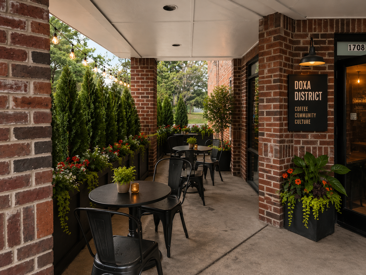 Front patio entrance with brick exterior and planters